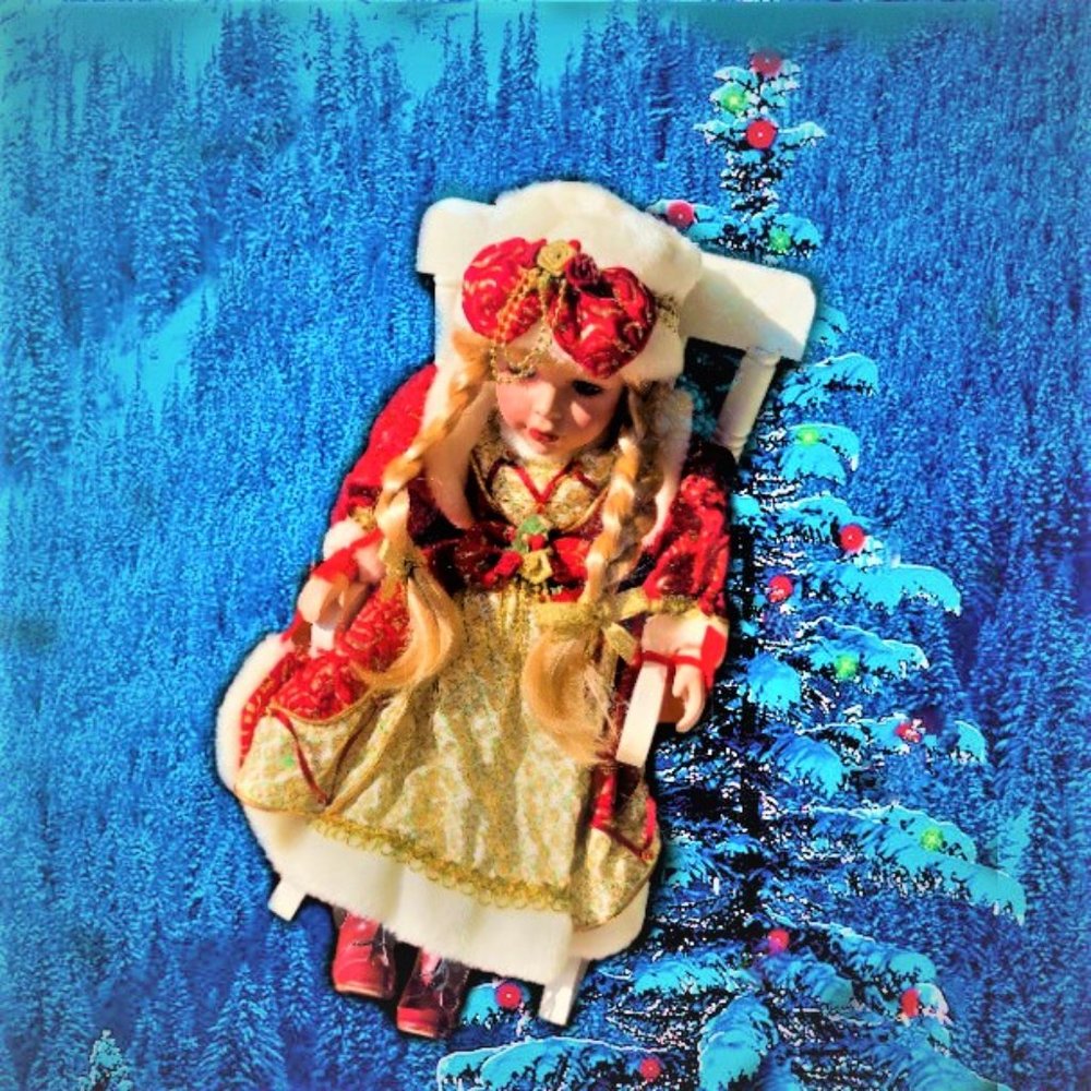 Vintage Beautiful Porcelain Doll in Wood Rocking Chair
